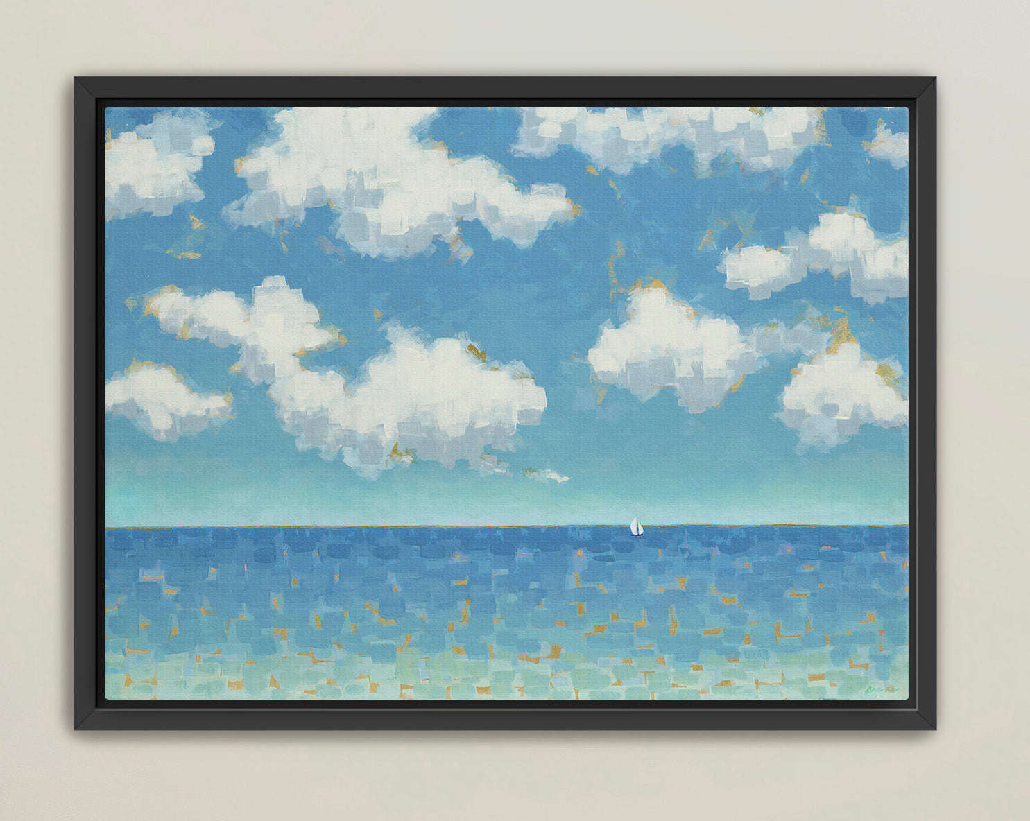 Calming ocean wall art featuring horizon line and bright clouds