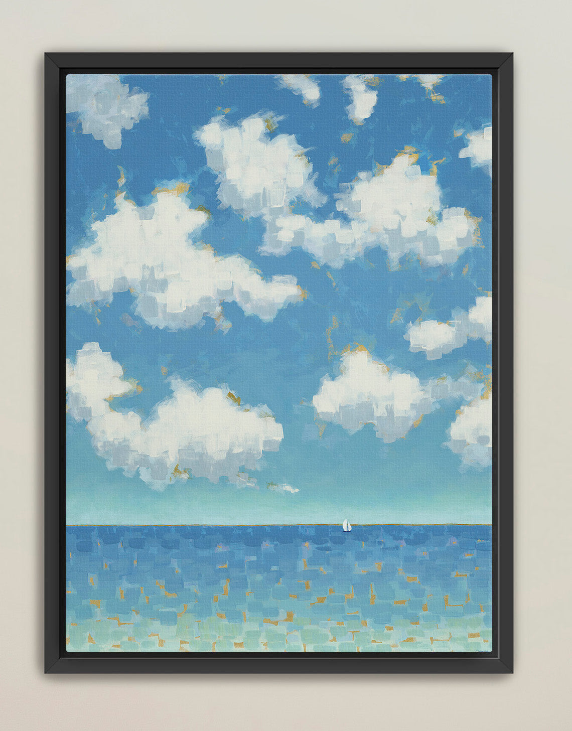 Vertical ocean painting with billowing white clouds and horizon line