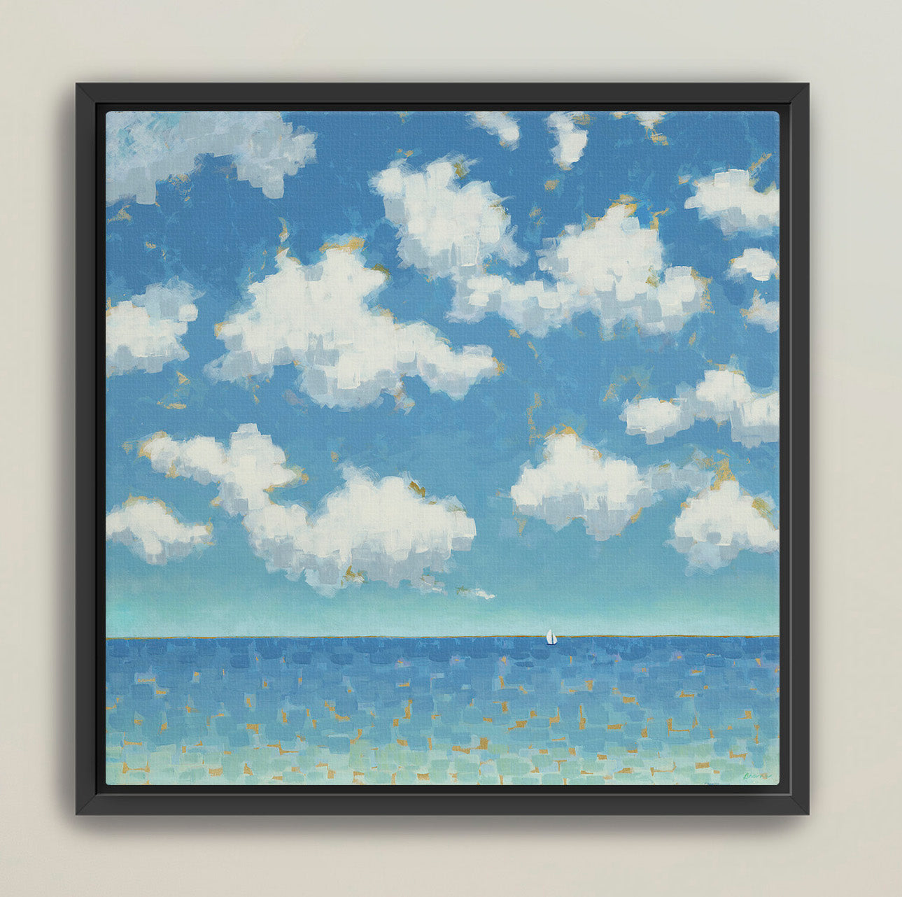 Framed coastal sky painting with fluffy clouds and turquoise wate