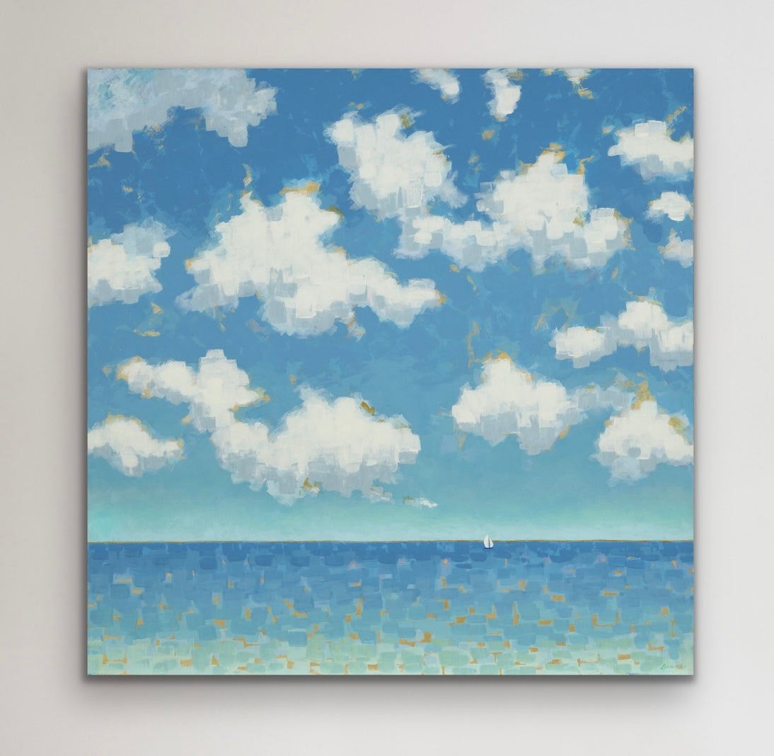 Painting of a blue sky with white clouds and a layered blue ocean surface in Far and Free coastal seascape painting.