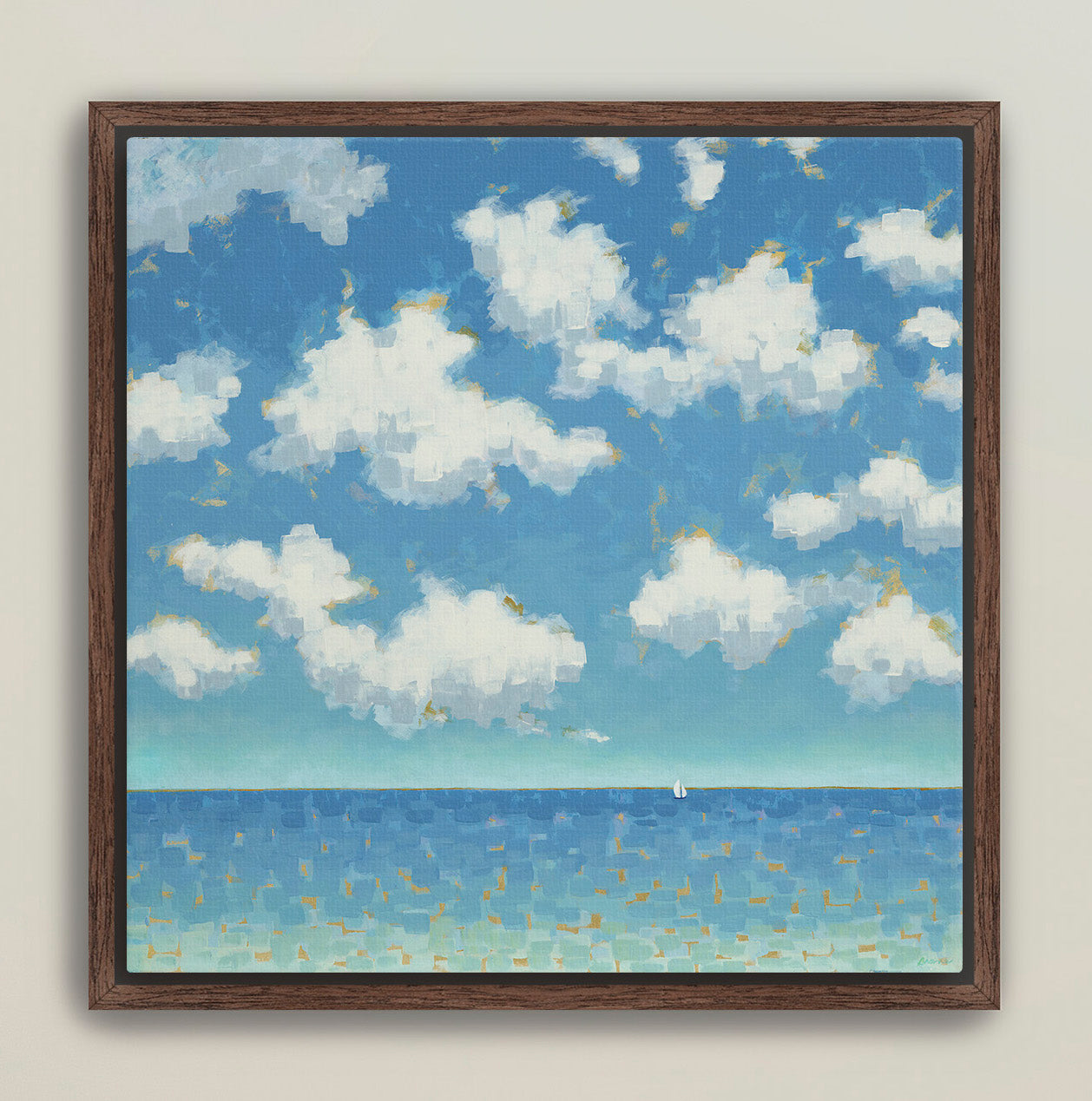 Cloud-filled ocean landscape with mosaic-style sea and sky