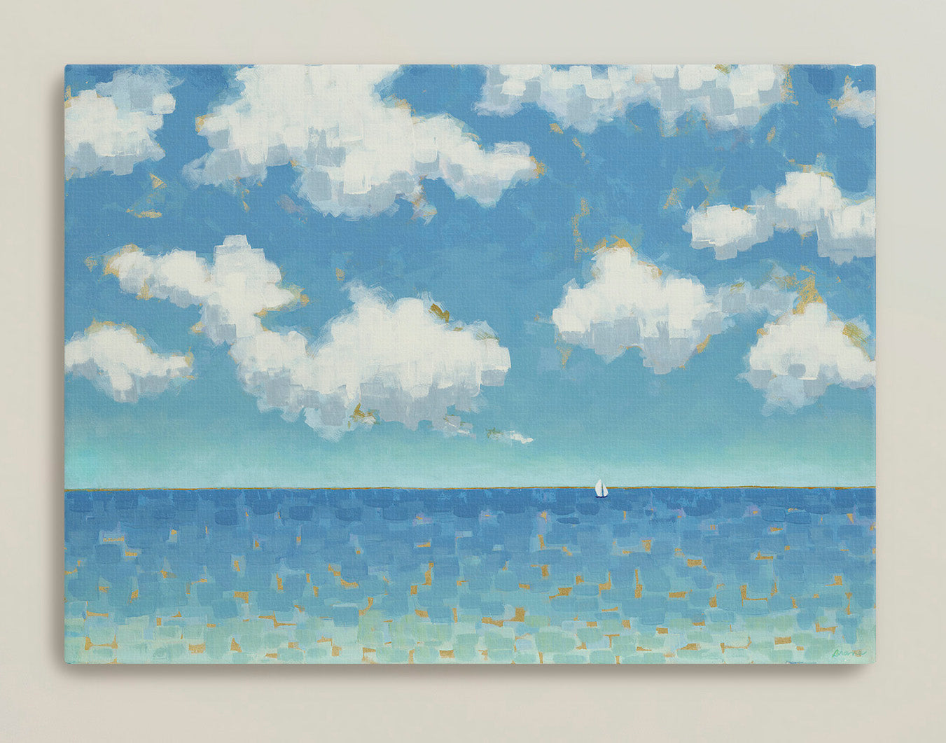 Serene beach house artwork in soft blues and turquoise tones