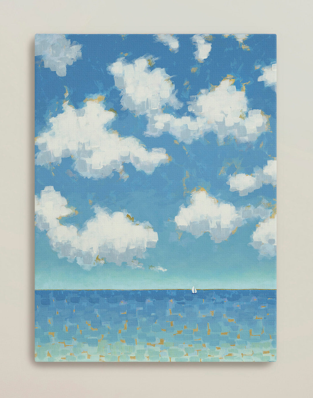 Far and Free vertical seascape featuring soft blue sky and ocean.