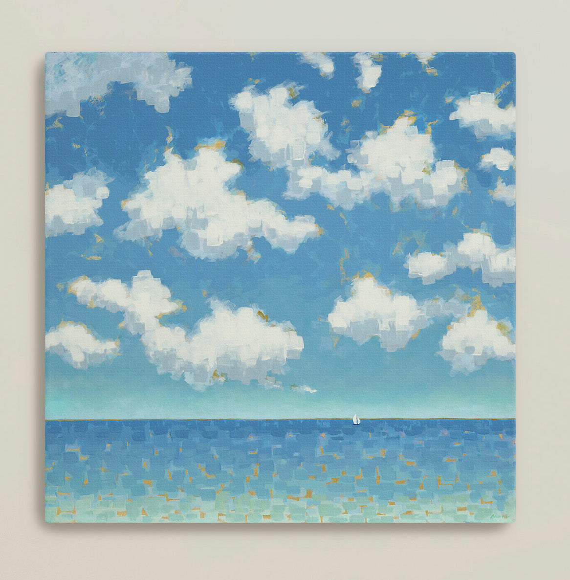 Cloud-filled ocean landscape with mosaic-style sea and sky