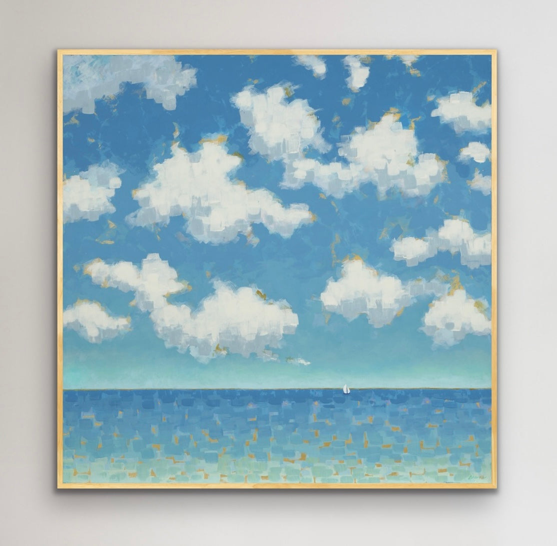 Painting of a small sailboat near the horizon in Far and Free, symbolizing freedom and journey.