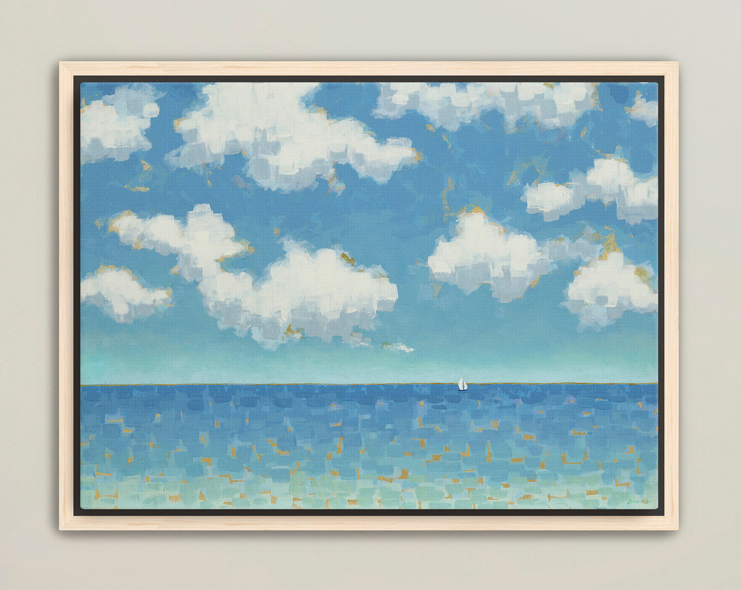 Horizontal seascape painting with gentle mosaic brushstrokes