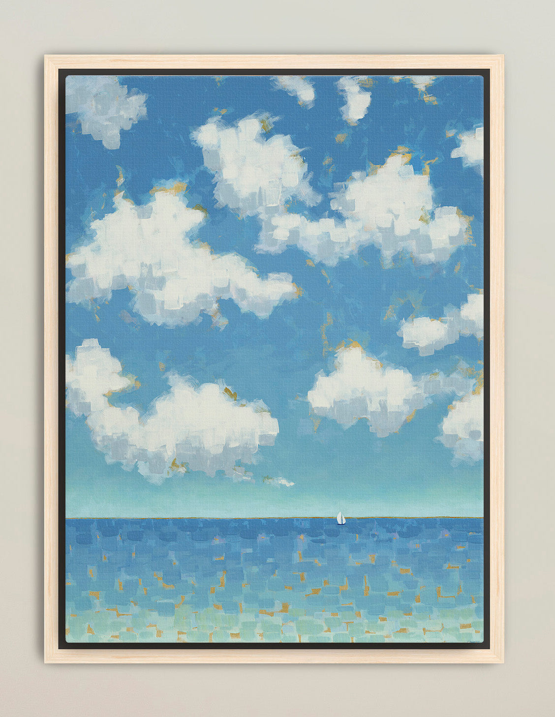 Serene vertical ocean artwork featuring distant sailboat
