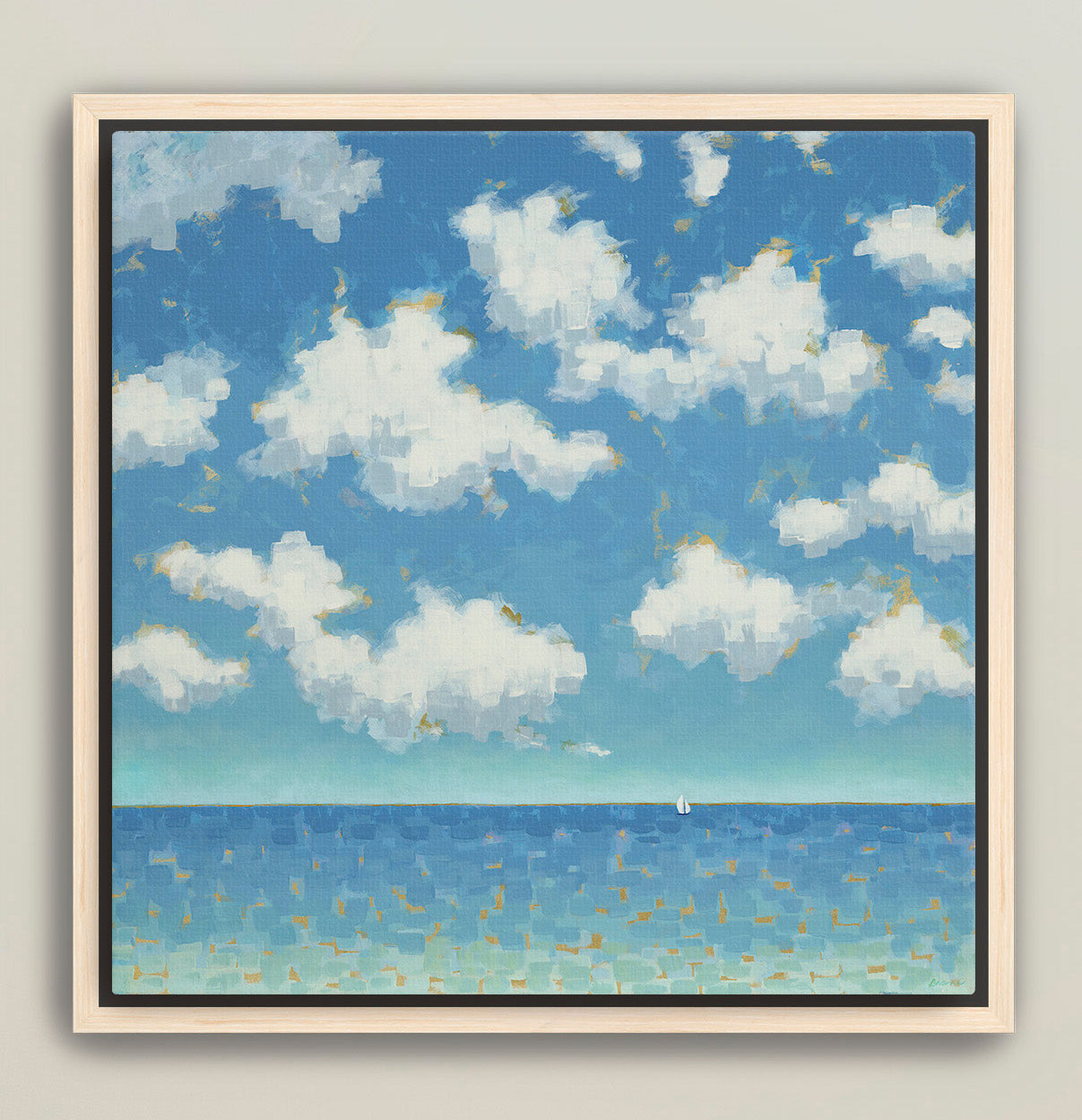 Cloud-filled ocean landscape with mosaic-style sea and sky framed.