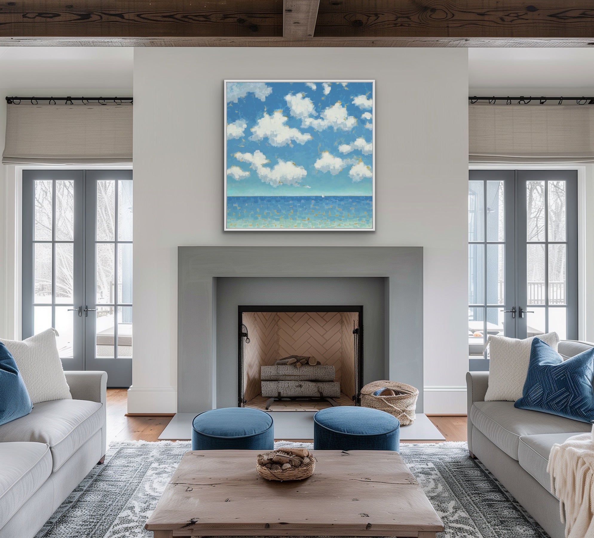 Original coastal seascape painting Far and Free by Martha Brane featuring expansive sky and ocean horizon above a fireplace.