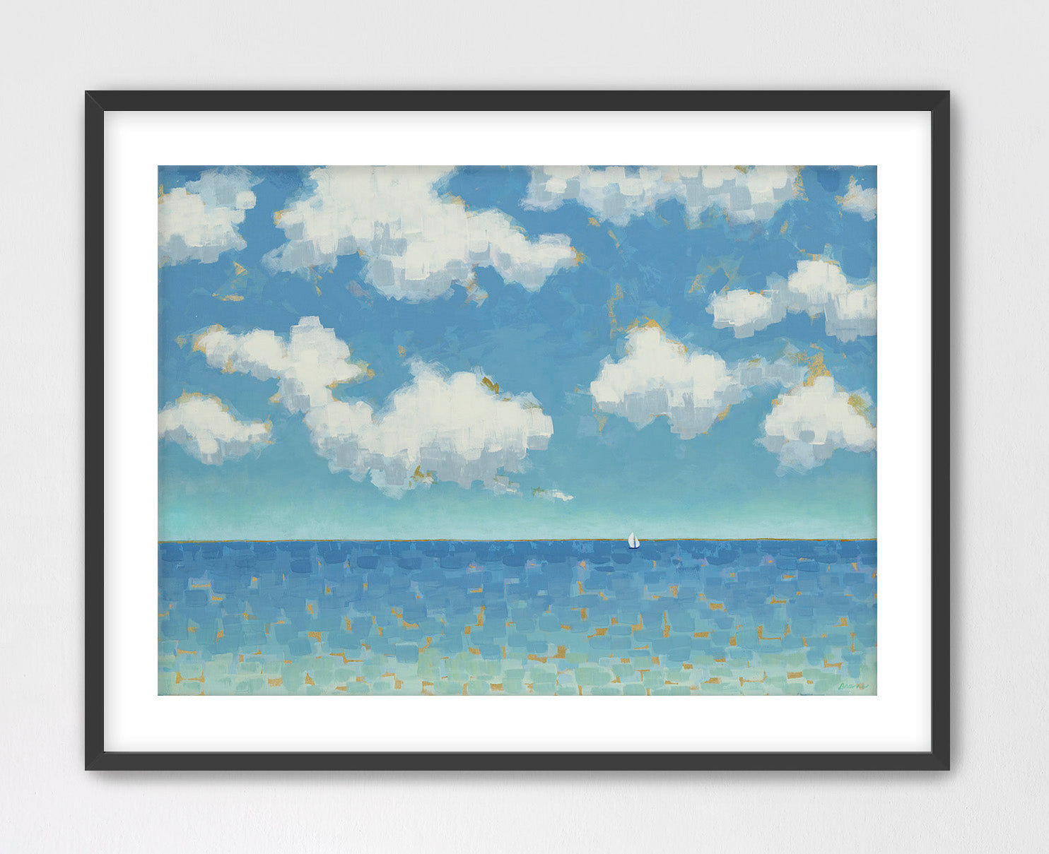 Soft blue ocean painting with drifting clouds