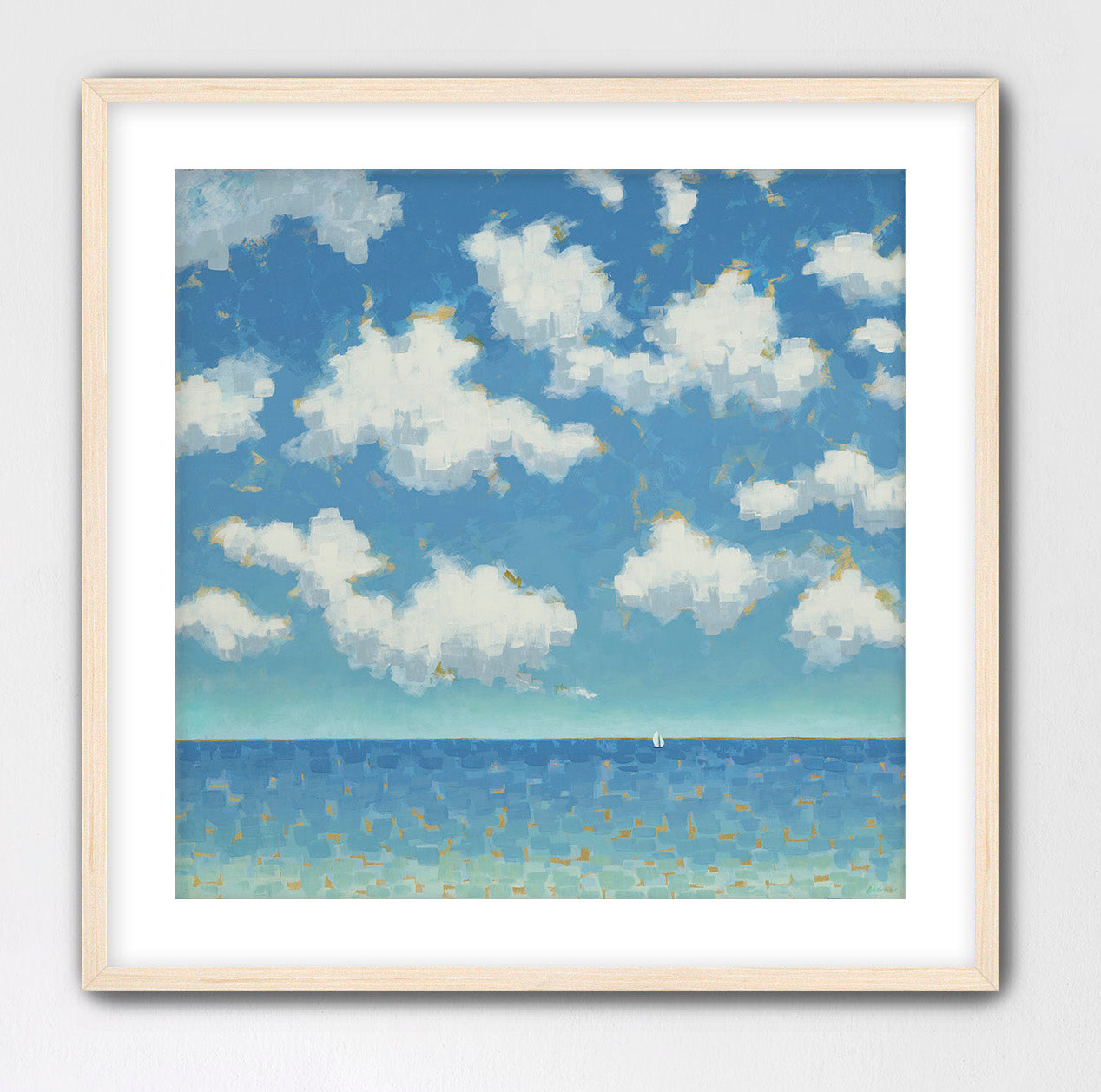 Contemporary seascape  with sailboat in distance museum quality art print in maple frame
