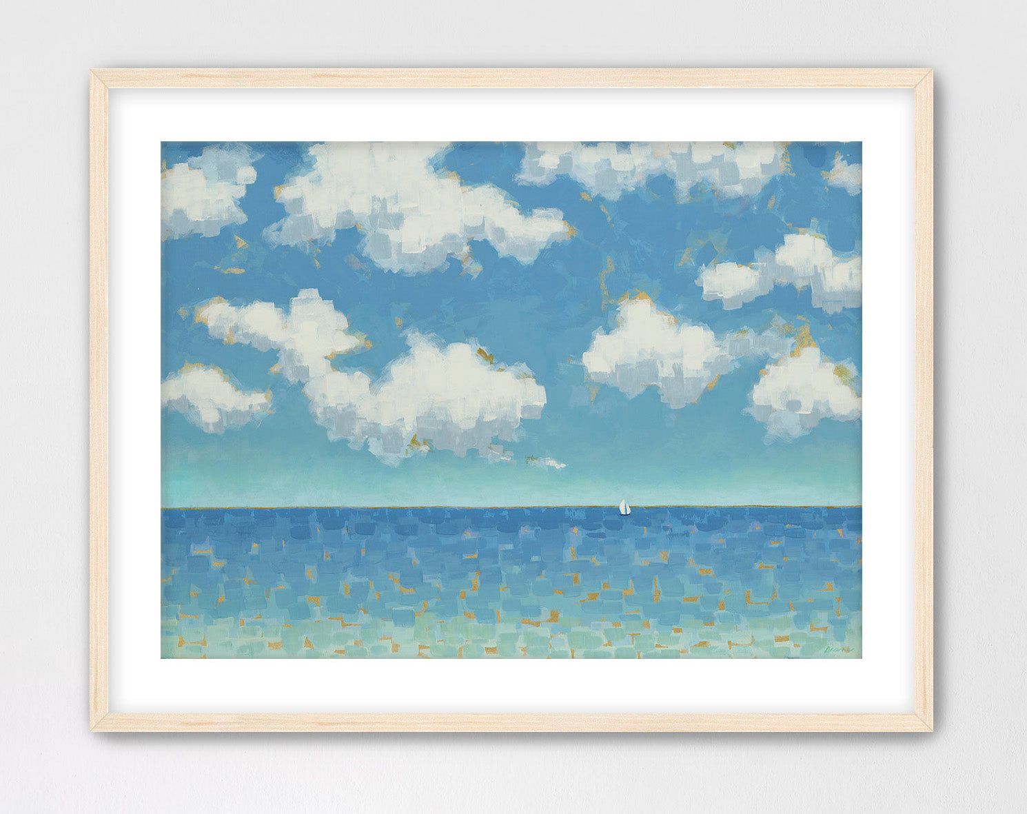 Soft blue ocean painting with drifting clouds