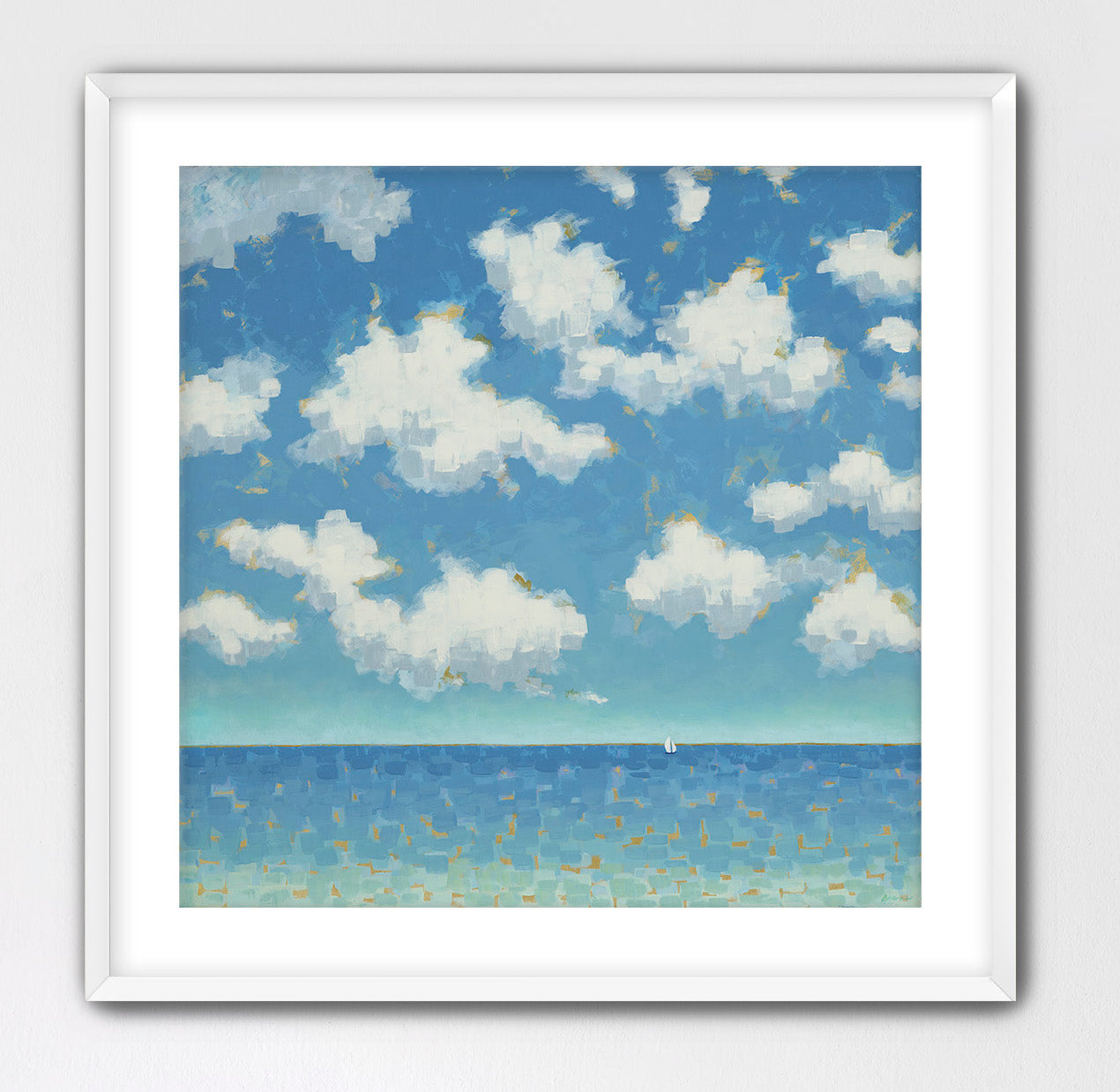 Fine art coastal print by Martha Brane in soft blue and white hues, perfect for modern coastal interiors and serene living spaces