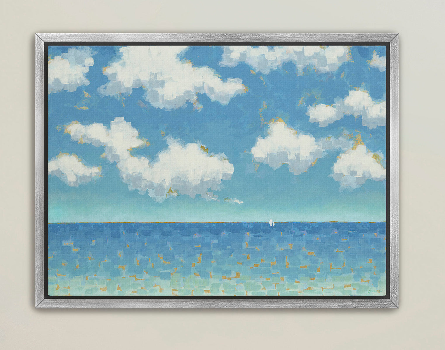 Blue seascape canvas with gold-touched clouds and distant sailboat