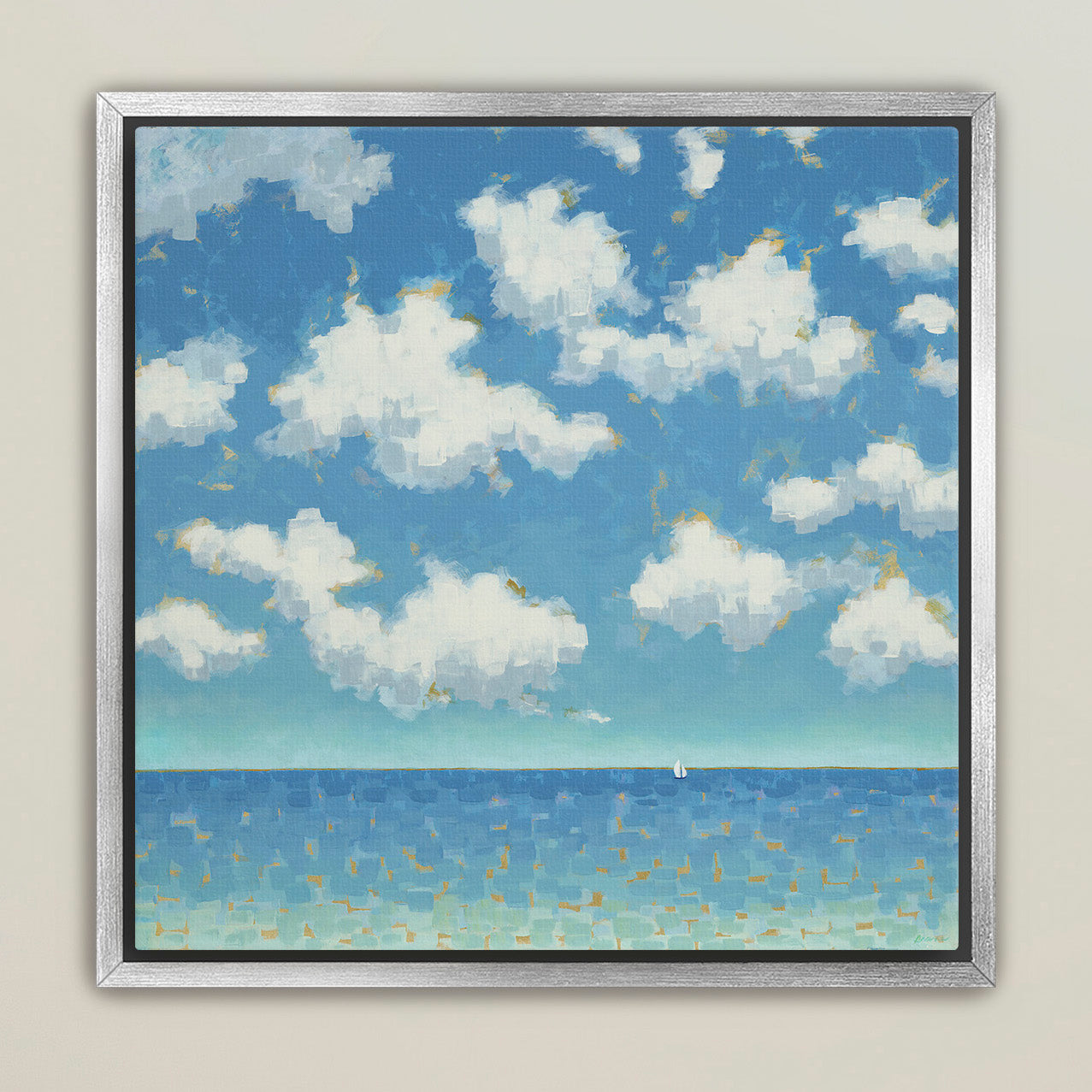 Far and Free framed coastal canvas print with bright sky and clouds