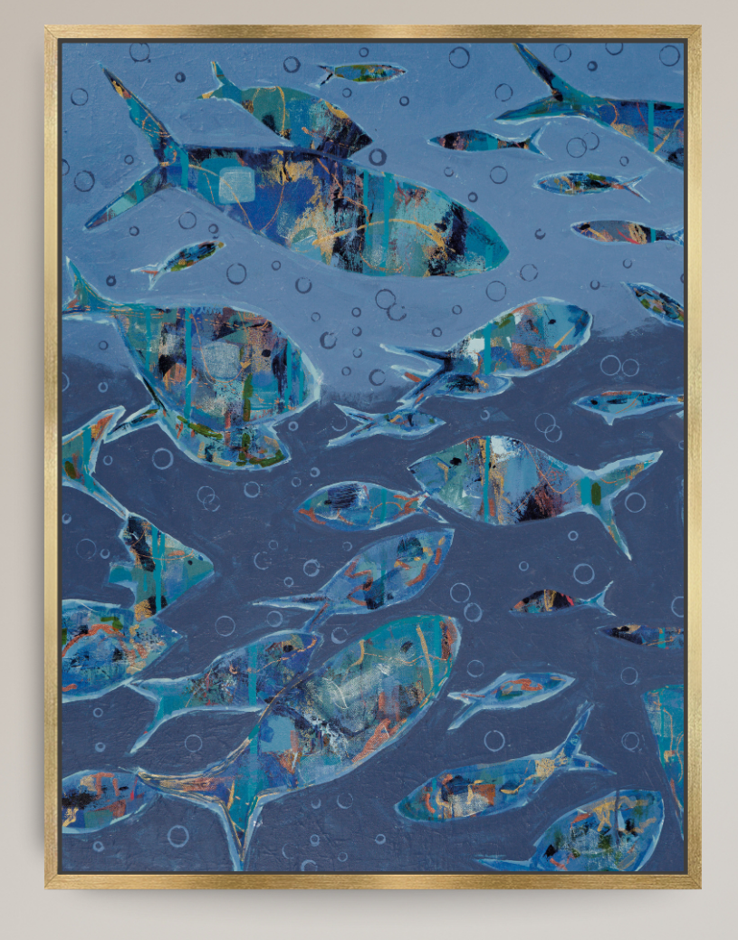 An abstract painting of a school of fish swimming underwater, featuring textured blue, teal, and gold tones, enclosed in a thin gold frame.