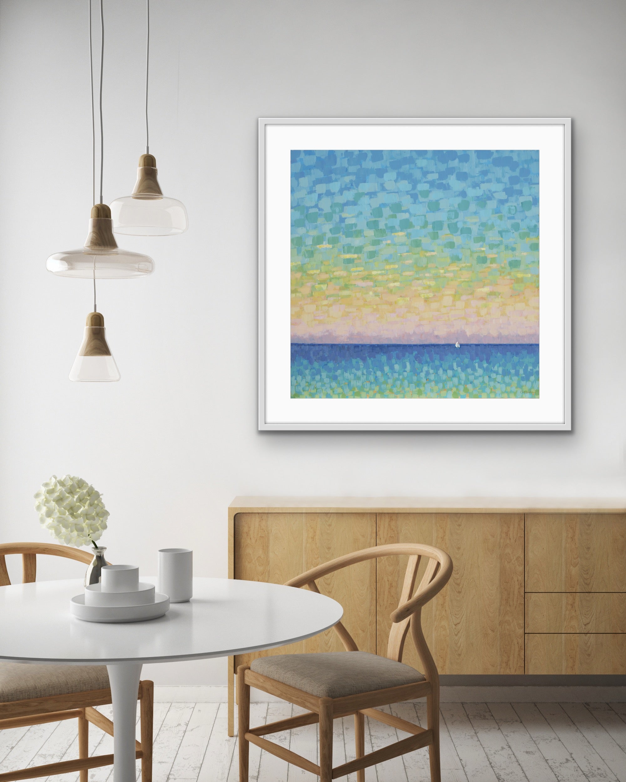 Framed Contemporary Sunset Seascape in dining room