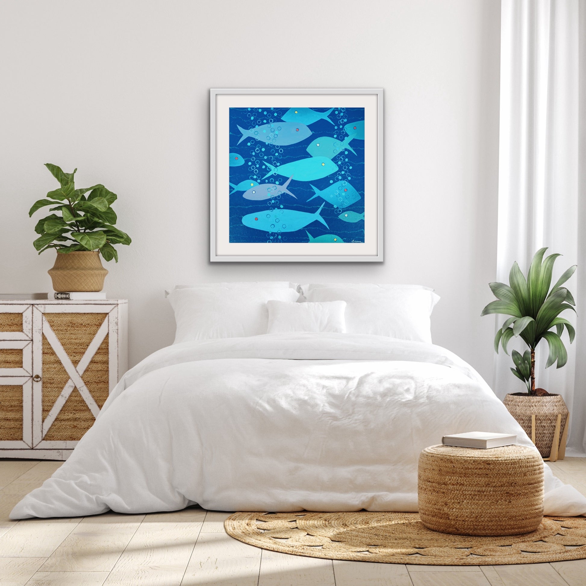 Bubbles in Blue — fine art giclée print on archival cotton rag by artist Martha Brane. Serene ocean blues and symbolic fish imagery express unity, joy, and flow. Luxury coastal wall art for modern interiors.