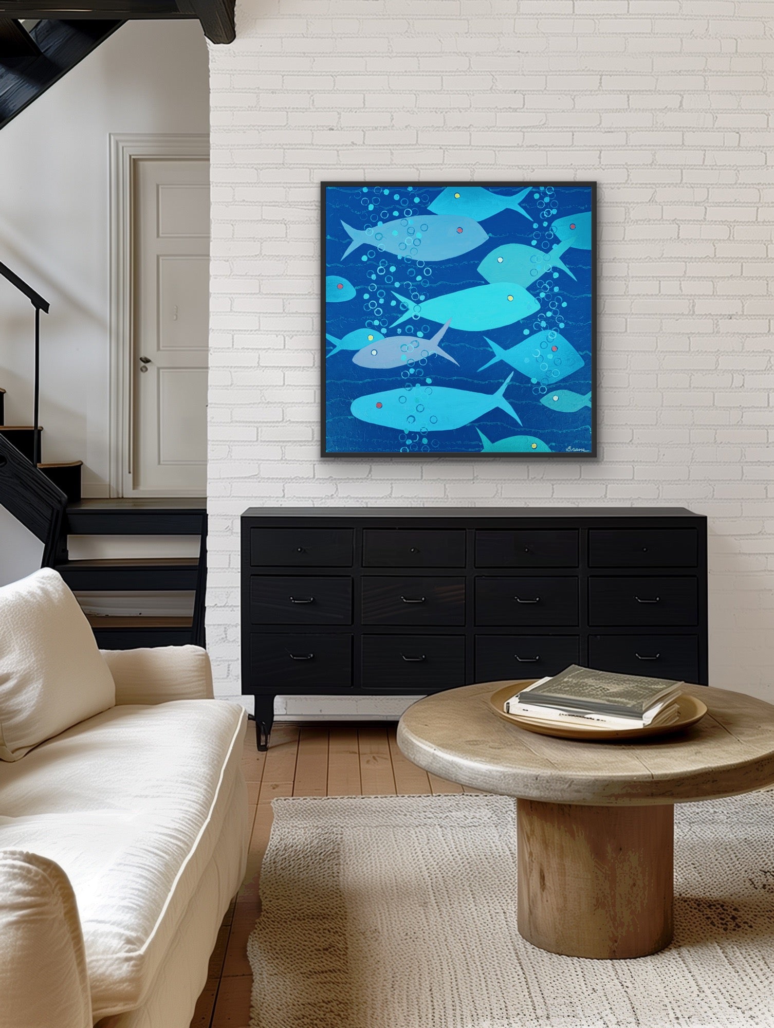 contemporary fish painting in living room