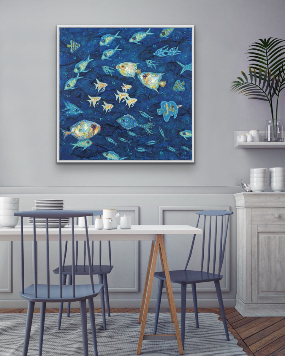 Contemporary coastal fish painting framed for designer ocean spaces in a dining room