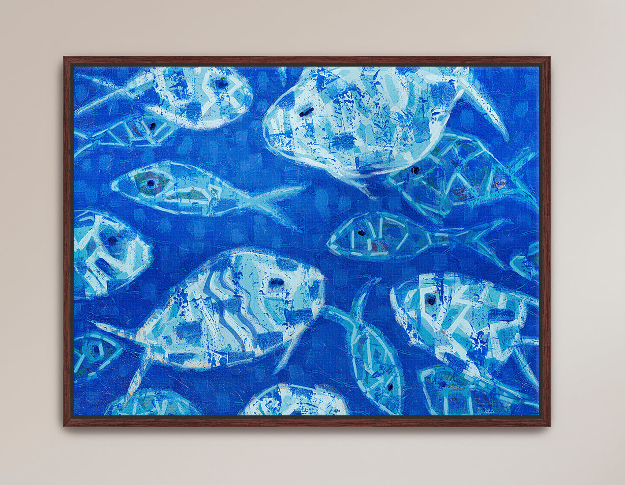 Coastal abstract artwork showcasing fish imagery in expressive blue layers
