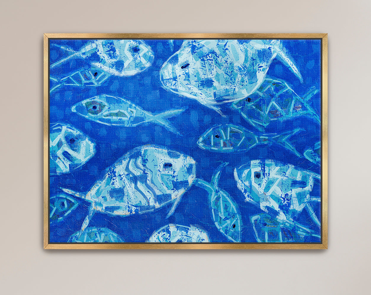 Modern nautical-inspired abstract fish painting in serene blue tones