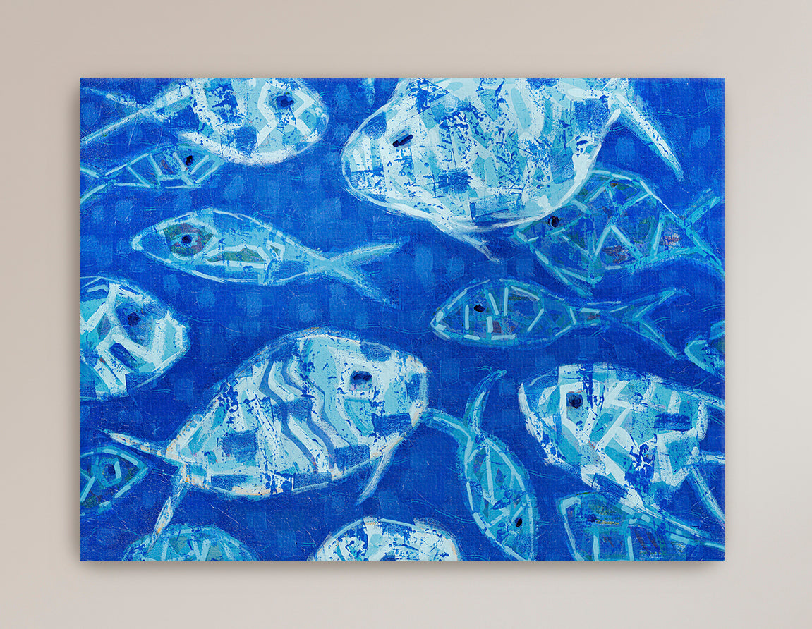 Abstract marine life painting in blues and teals with contemporary style