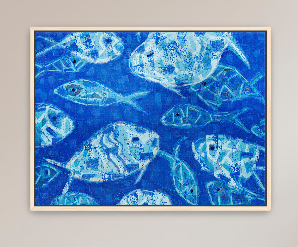 Coastal modern fish artwork evoking movement, intuition, and flow