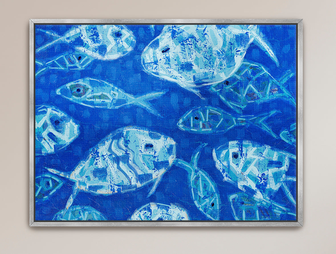 Blue abstract fish painting with layered brushwork and oceanic texture