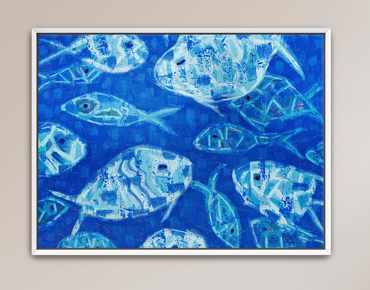 Contemporary coastal fine art featuring a school of abstract fish