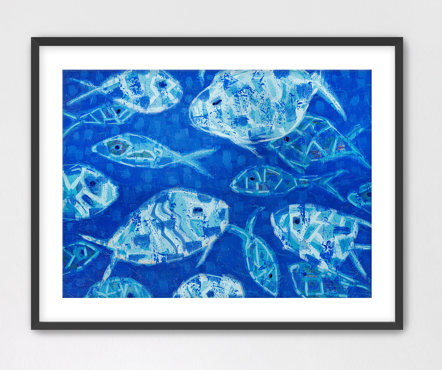 Abstract fish composition in vibrant blues for modern coastal interiors