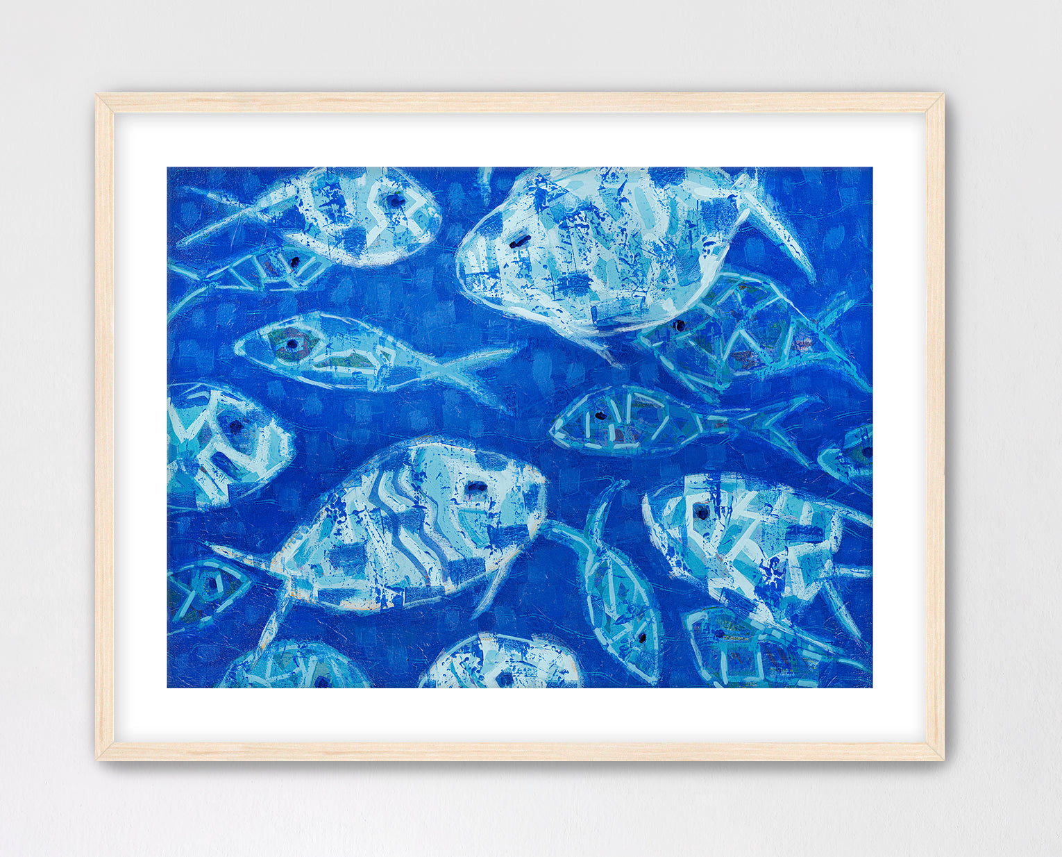 Coastal-inspired abstract fish painting with expressive texture and depth