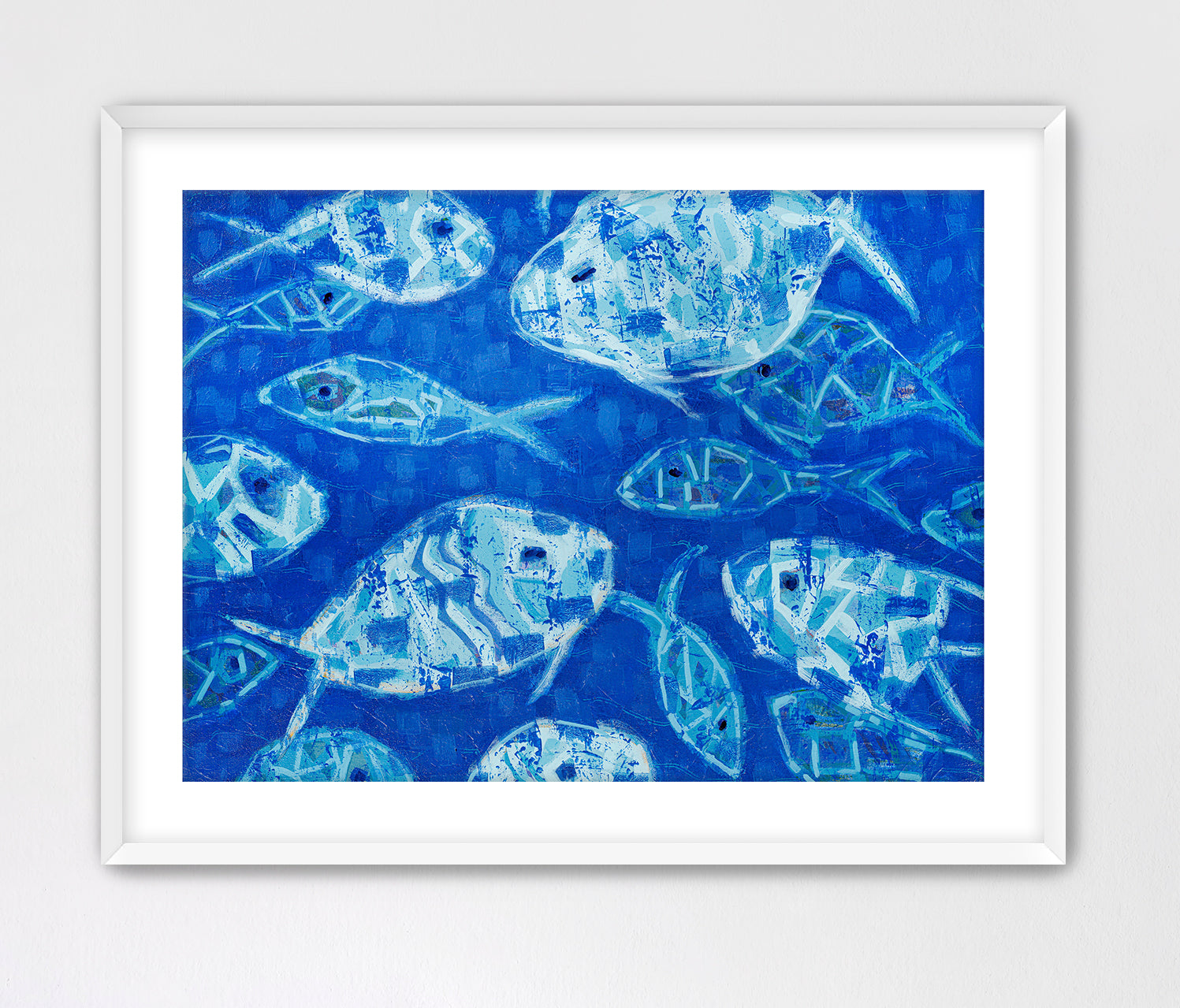Modern ocean artwork featuring abstract fish forms in calming blue hues
