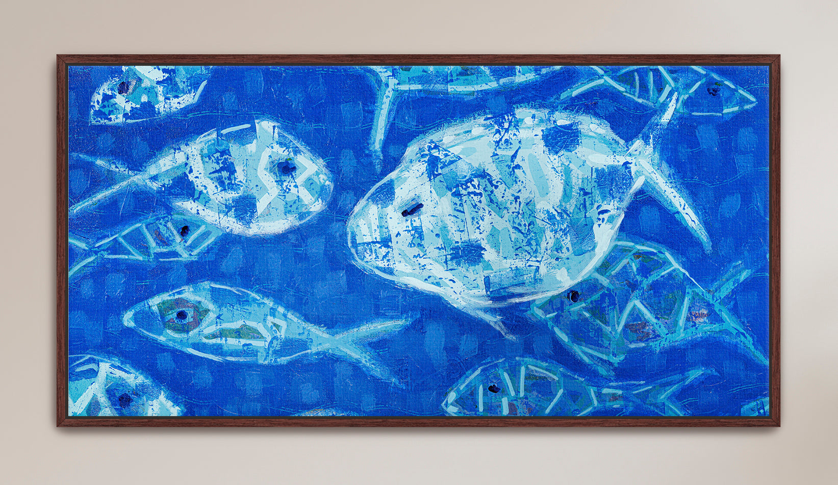 Blue abstract fish artwork inspired by the energy and flow of the sea
