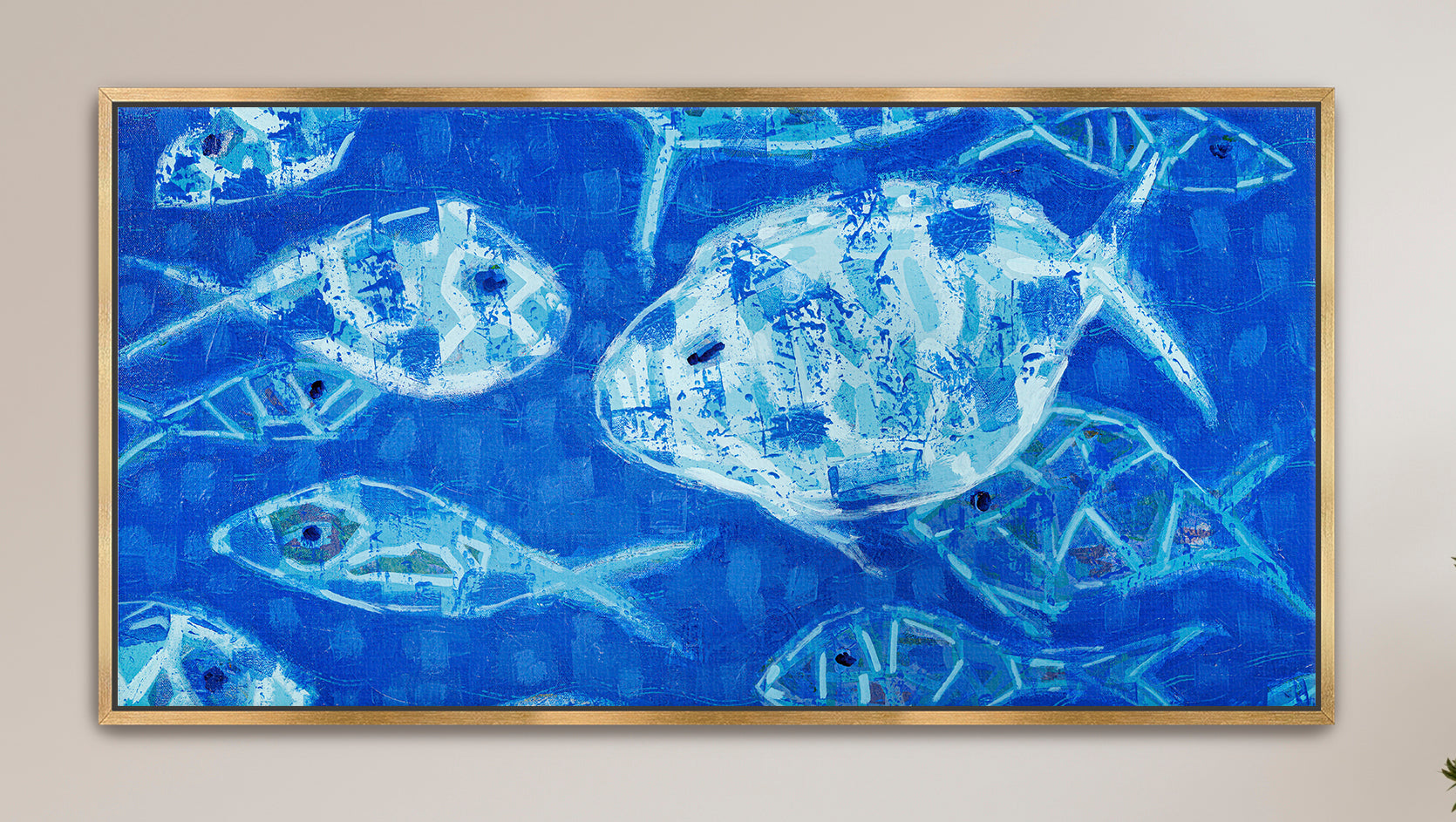 Ocean-themed abstract fish artwork designed for serene living spaces