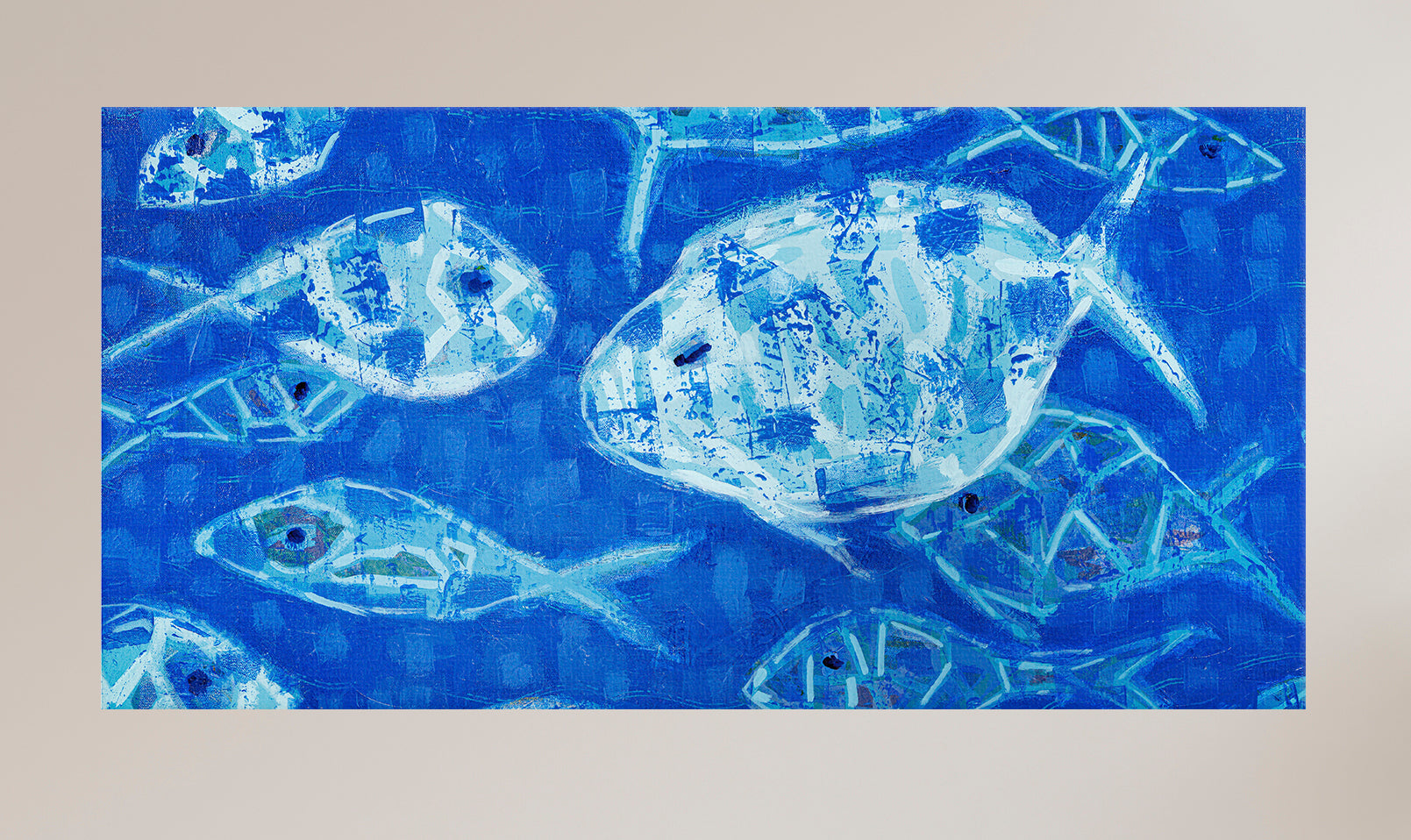 Modern abstract fish wall art in blue tones with expressive movement