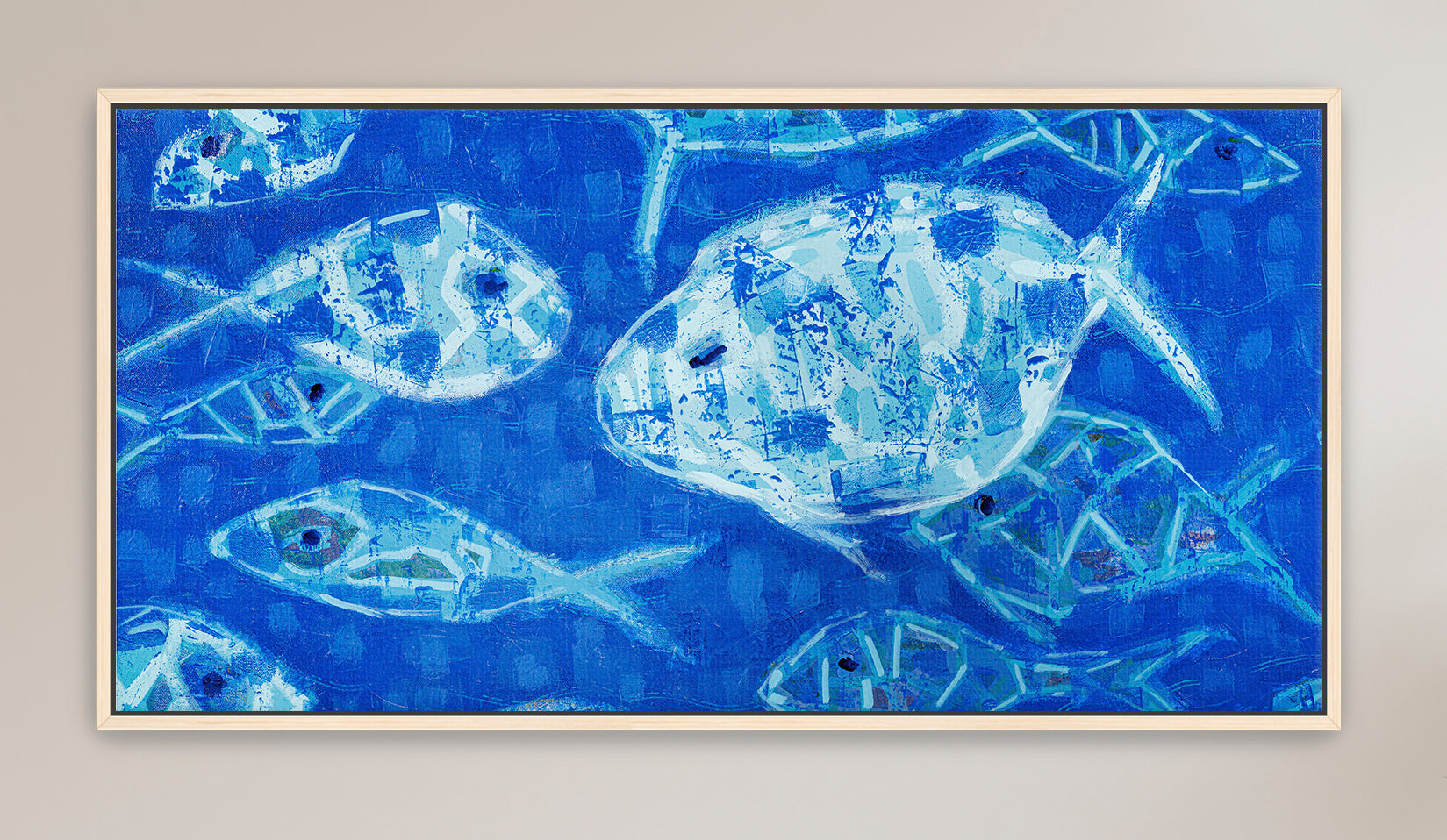 Contemporary fish painting in layered blues with modern coastal aesthetic
