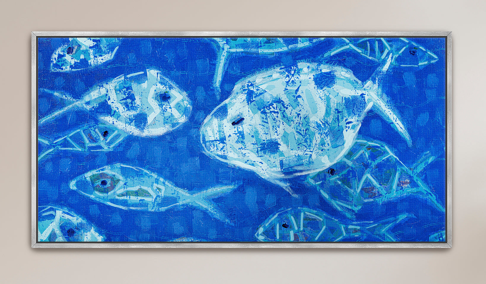 Contemporary fish painting in layered blues with modern coastal aesthetic