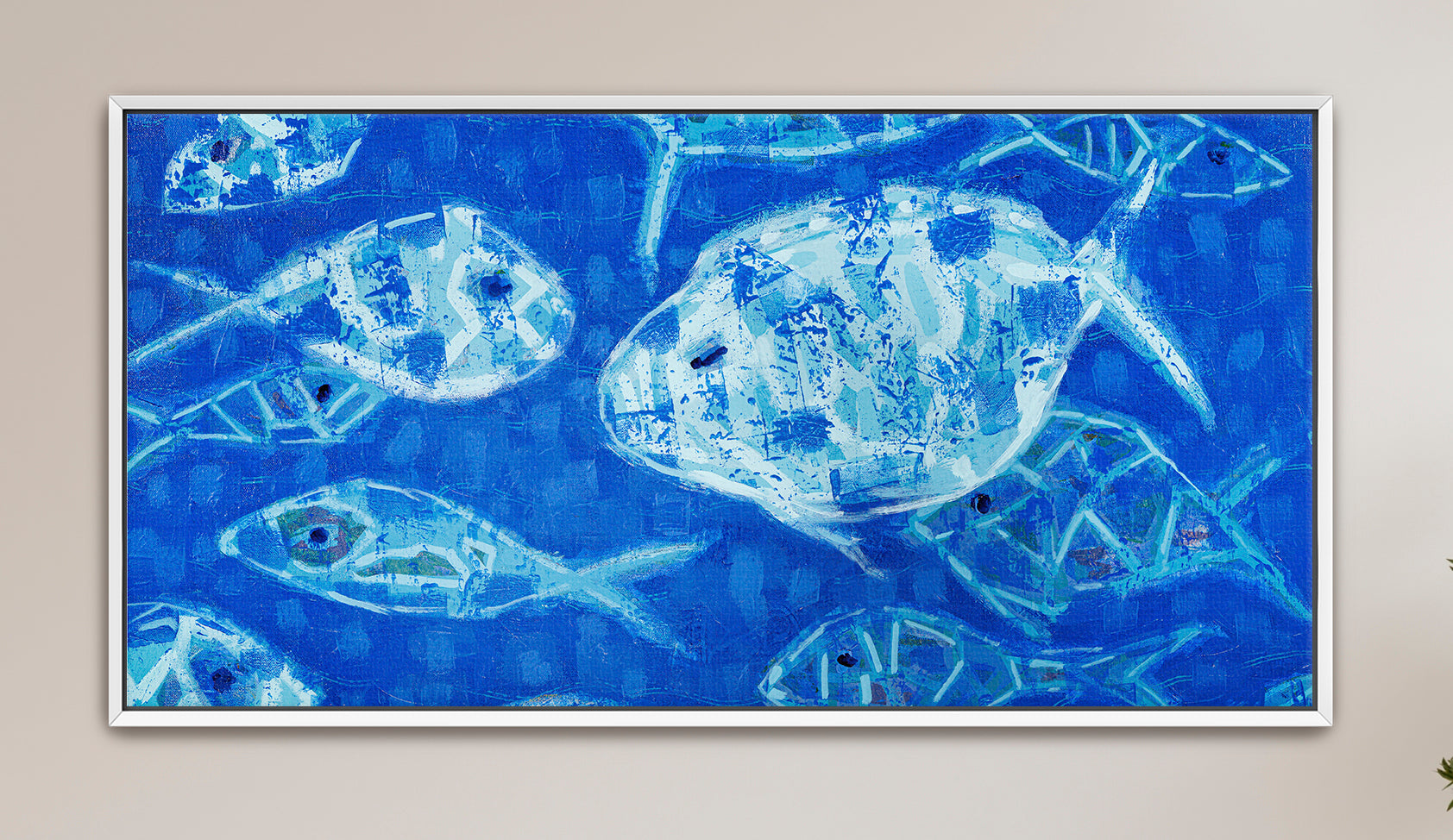 Coastal blue abstract painting featuring symbolic fish imagery