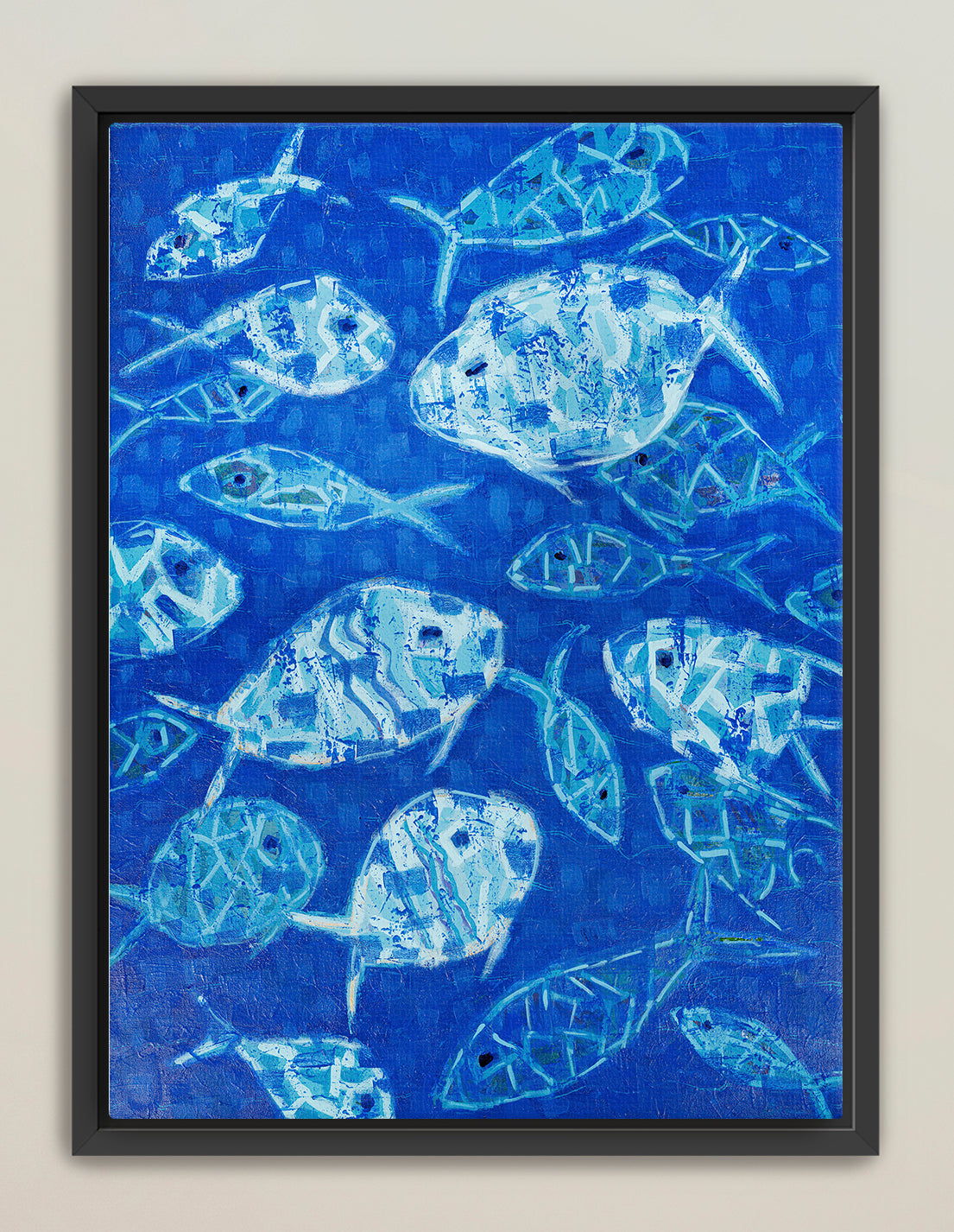 Hooked on Blue abstract fish painting in layered deep blues