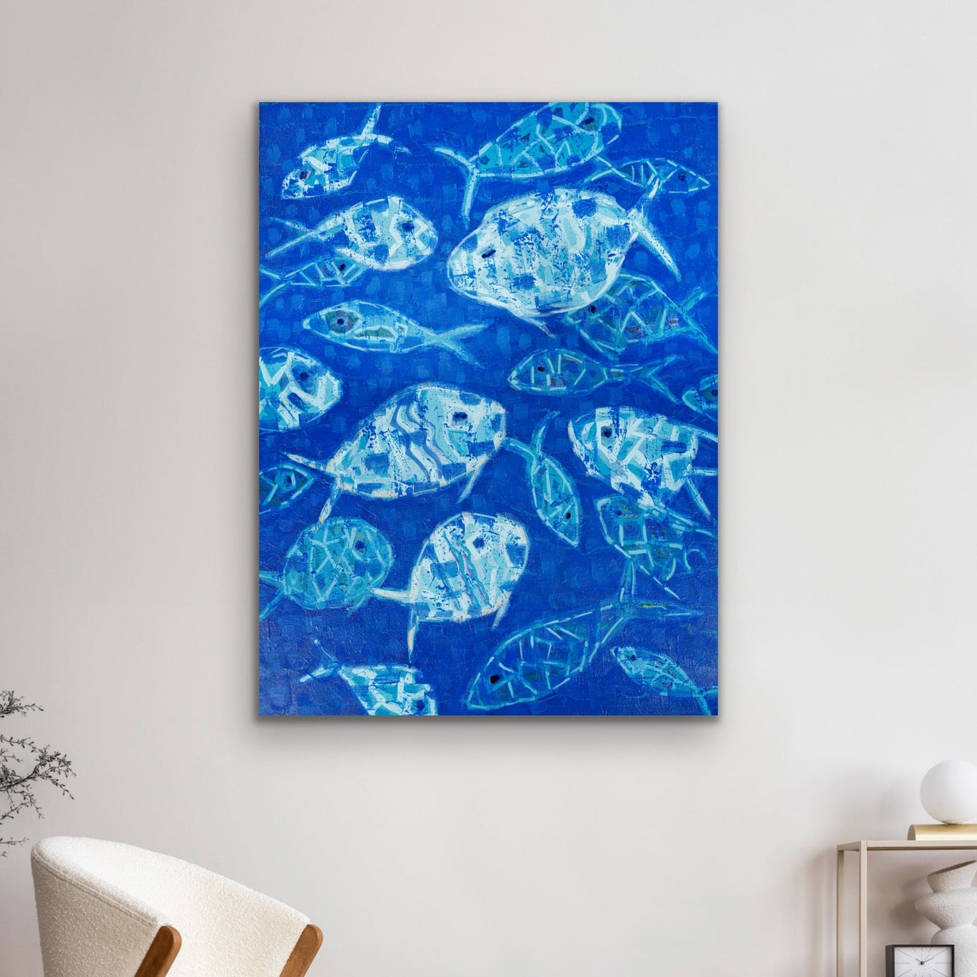 Coastal abstract fish original painting with expressive forms and varying shades of blue inspired by the sea