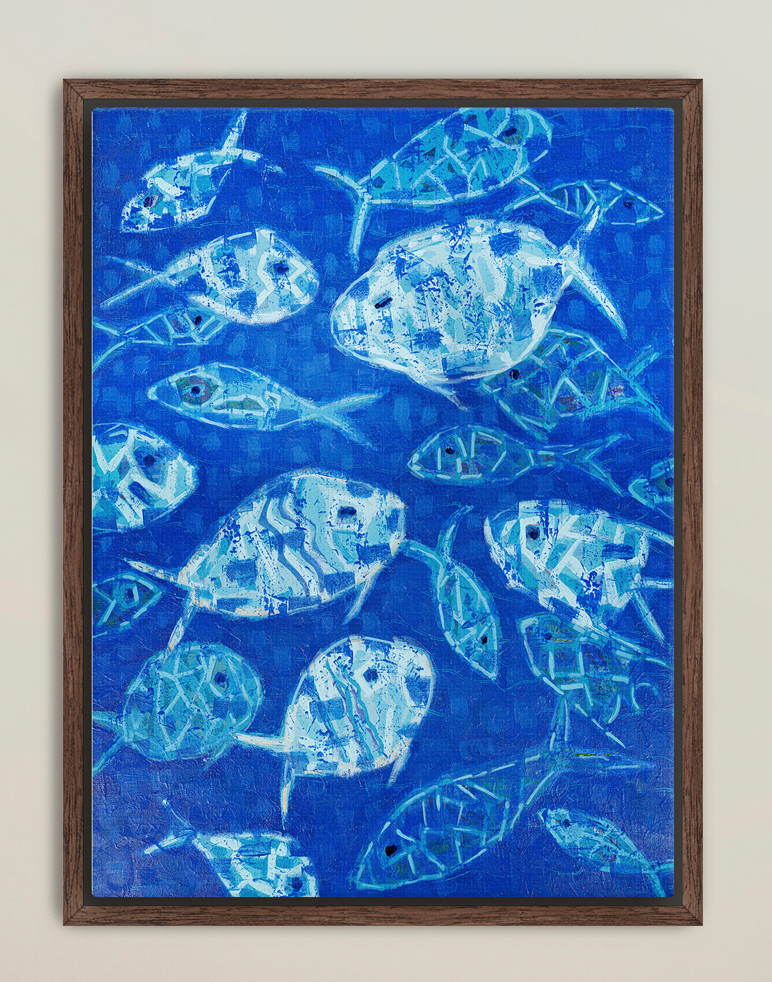 Monochromatic blue fish artwork with collage textures