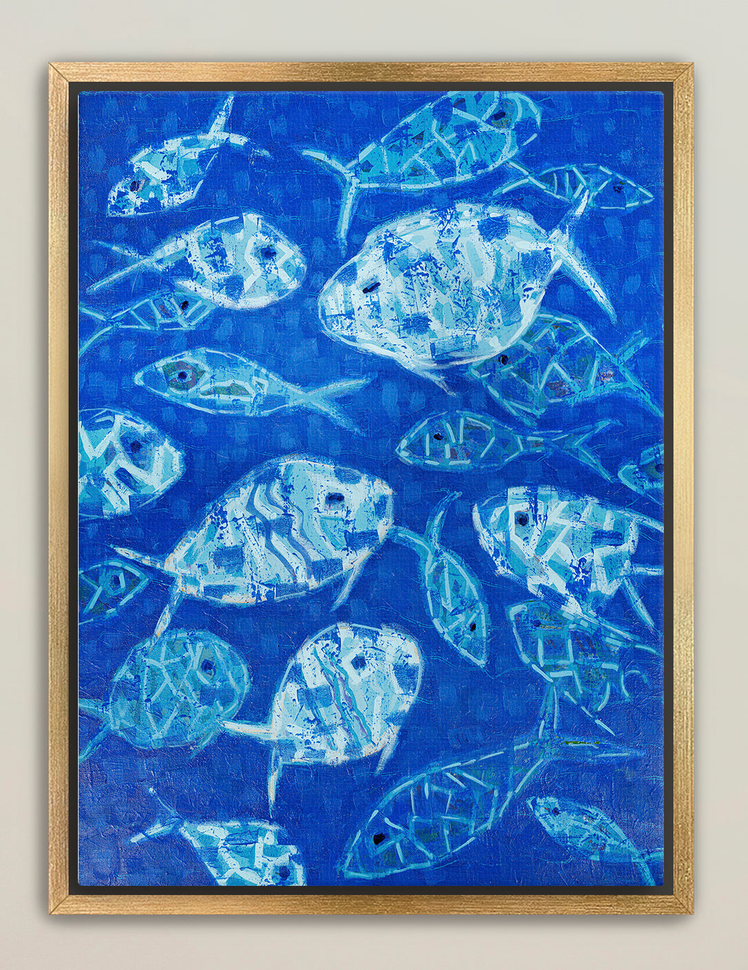 Contemporary underwater scene with abstract blue fish