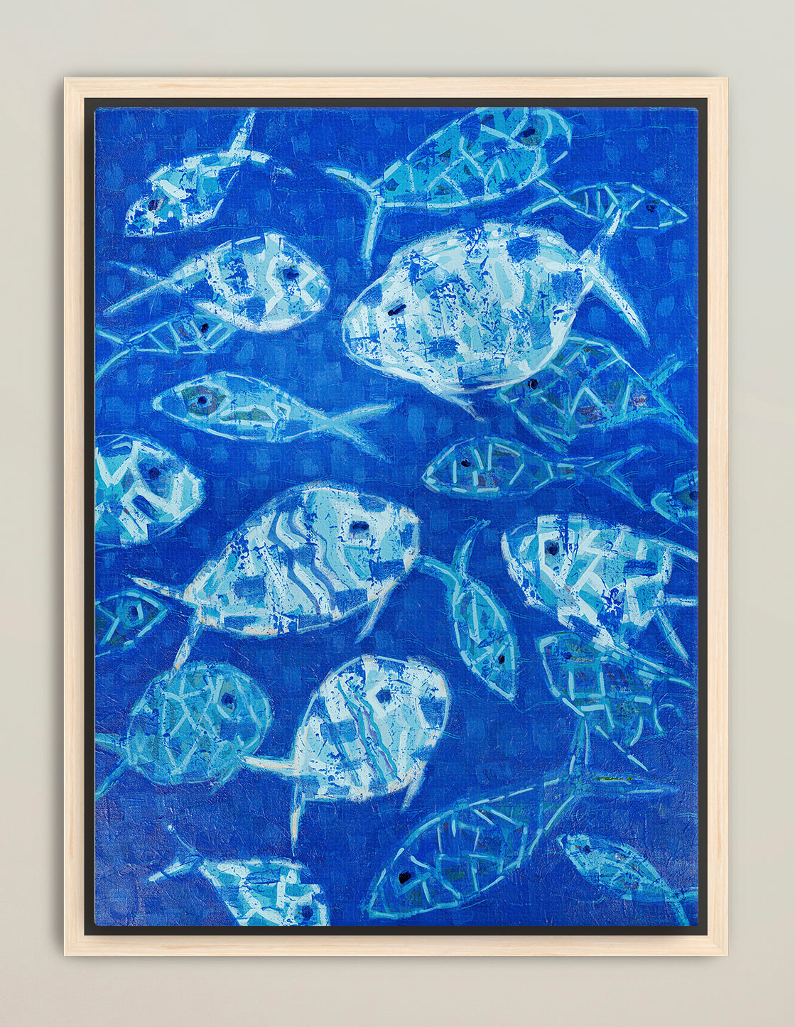 Luxury coastal fish artwork in vibrant layered blue textures