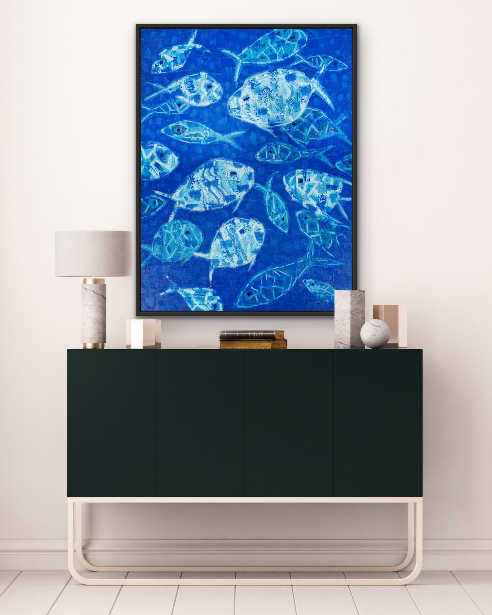 Original 48x36 abstract fish painting titled Hooked on Blue featuring layered blue tones and symbolic ocean movement