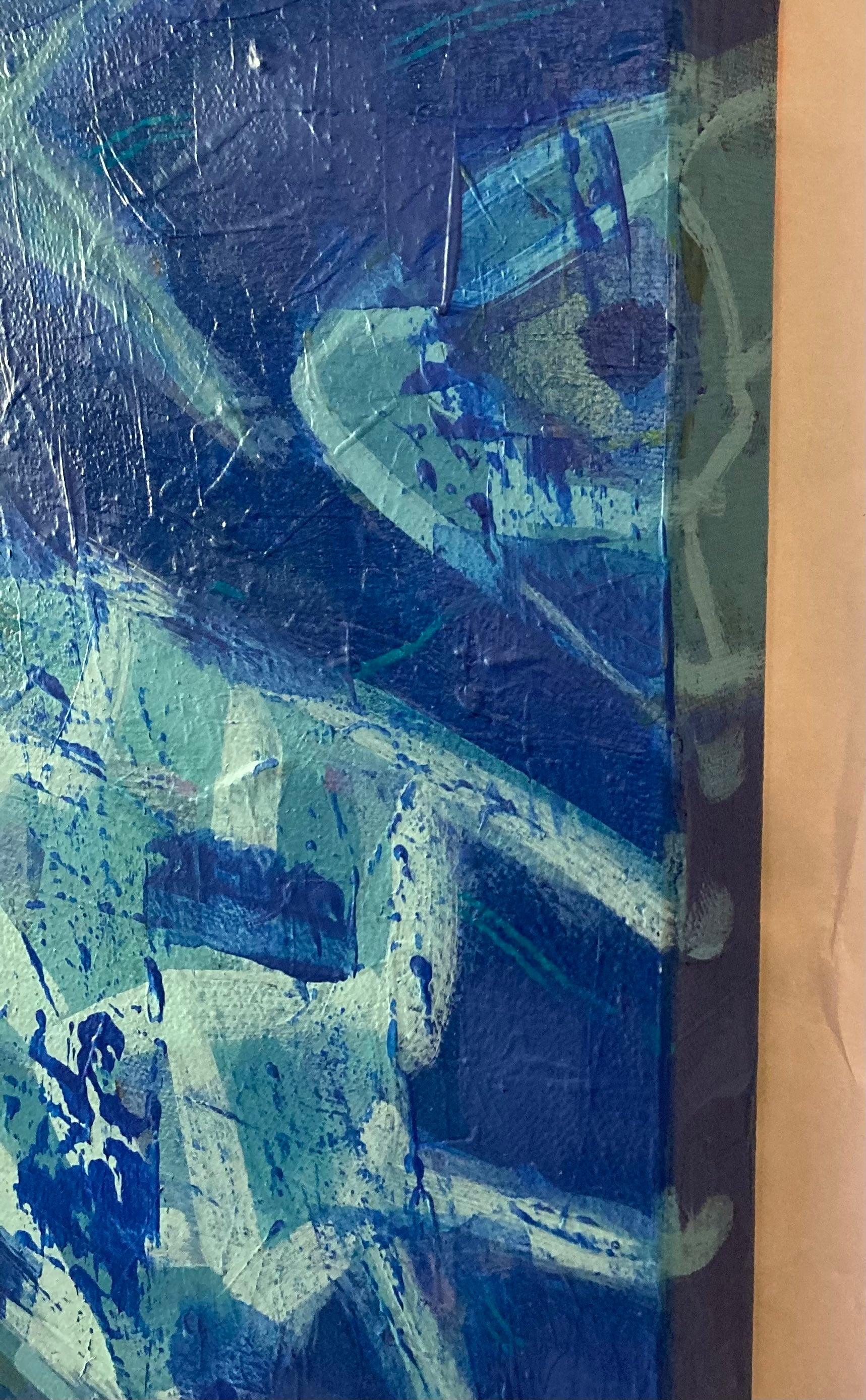 Close-up detail of brushwork and layered texture in the original abstract fish painting Hooked on Blue