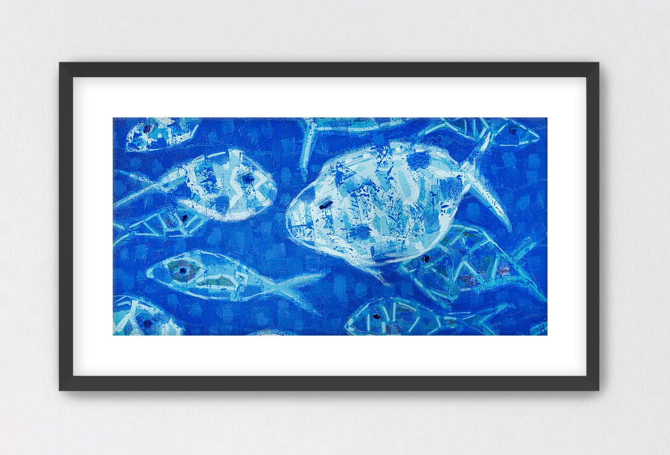 Luxury coastal wall art featuring abstract fish in a deep blue palette