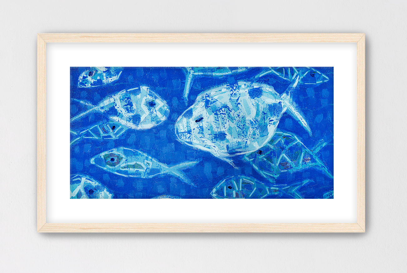 Blue abstract fish artwork symbolizing flow and harmony in ocean life