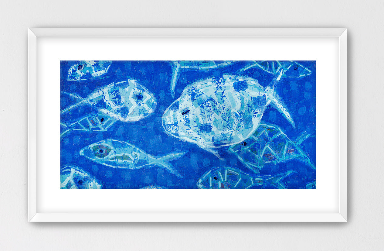 Contemporary sea life painting with stylized fish in layered blues