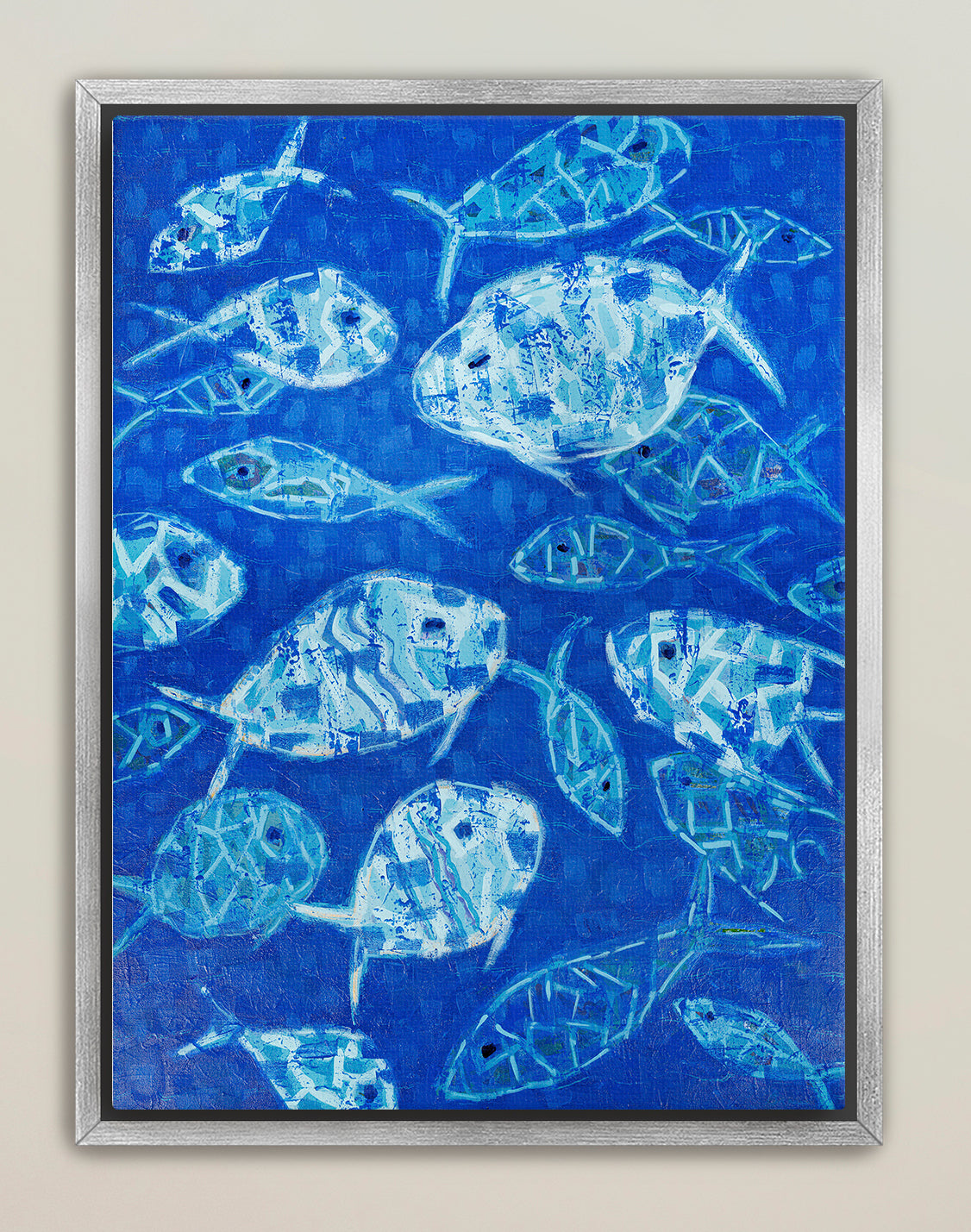 Contemporary marine canvas with abstract blue fish silhouettes